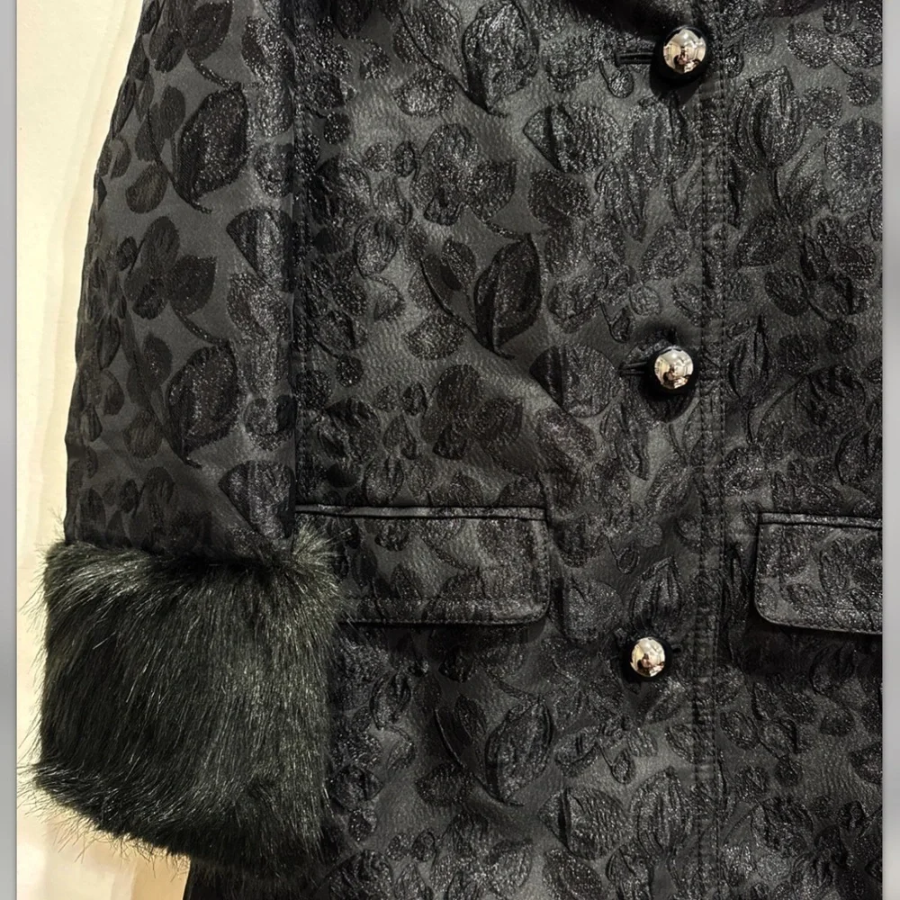 Kate Spade Black Metallic Jacquard Faux Fur Trim Coat Size 0
